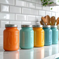 Colorful jars on a kitchen counter