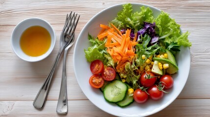 Fresh salad preparation kitchen food photography bright environment top-down view healthy eating concept