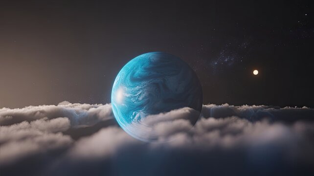 planet neptune generative ai. A large, glowing blue planet hovering just above a calm ocean under a starry night sky with scattered clouds