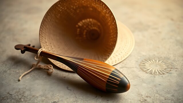 berimbau. A single berimbau instrument next to an inverted straw hat, a simple and cultural still life. event programs, museum guides, designed for cultural heritage projects and event programs.