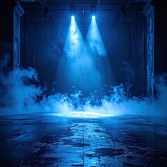 Blue spotlights illuminate smoky stage