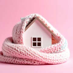 A small, white model house wrapped in a soft, pink knitted scarf against a pink background