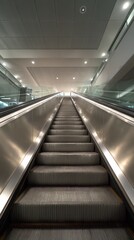 Escalator in modern transit hub, symmetrical perspective travel background