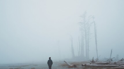 Person standing in the middle of a foggy landscape. the person is wearing a blue jacket and is facing away from the camera. the sky is overcast and the fog is covering the entire scene.