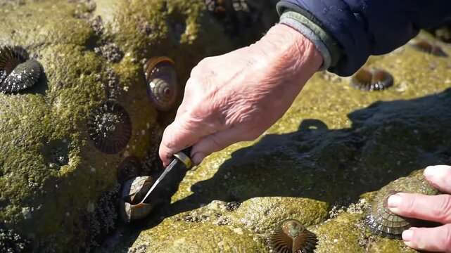 Person removing limpets from rock face using a tool on a sunny day. Photo for food harvesting