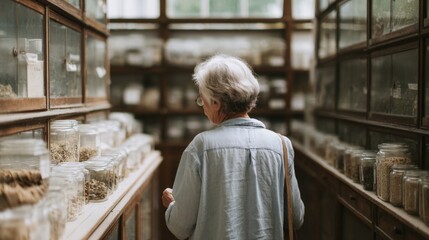 Elderly woman standing in a room with wooden shelves and cabinets. she is wearing a light blue denim shirt and has a backpack slung over her shoulder.