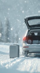 Car in winter with open trunk, snowy road trip and travel concept