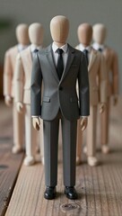 Gray-suited wooden figures stand in row, blurred background, minimalist corporate theme.