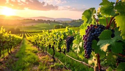Vineyard rows stretch towards golden sunset, lush grapes in the foreground