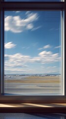 Window view with blue sky and clouds over landscape, calm background