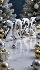 Shiny "2026" numbers on marble table, festive ornaments and snowy tree in background.