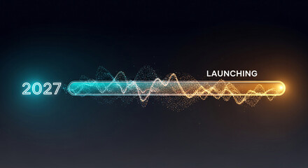 Image with number 2027, launching text, loading bar with particle effect. Concept is related to a project start, presentation or future plan