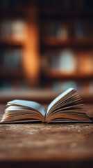Open book on wooden table with warm light, education and reading concept