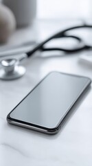 Smartphone mockup on desk with blurred background, blank screen concept