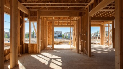 Interior view of a wooden house framework in progress, revealing outdoor view, construction site, and sky