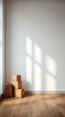 Sunlit empty room corner with stacked boxes, moving and storage background