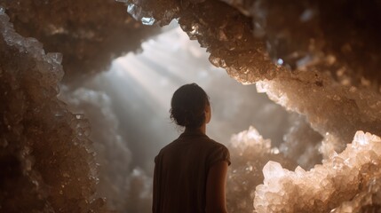 Person standing in the middle of a cave, facing away from the viewer. the person is wearing a brown t-shirt and has their back to the camera, with their hair tied back in a ponytail.