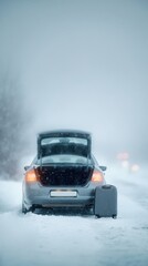 Car driving in snowstorm, winter transportation and travel concept