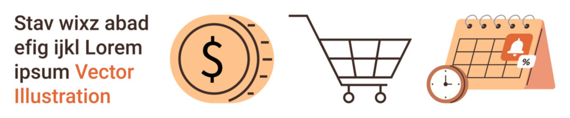 E-commerce, online shopping, financial transactions, business scheduling, time management, economic planning. Visual includes a dollar coin, a shopping cart and a calendar with a clock. E-commerce © robu_s