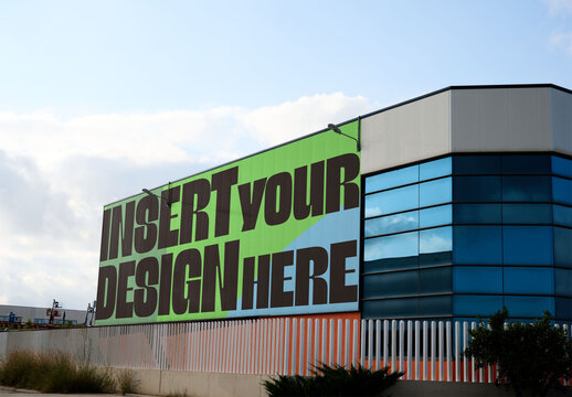 Modern Wallscape Building Design in Urban Location. PSD template mockup.