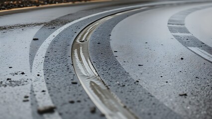 deceleration. Tire marks from a sharp turn on a wet road with splashes of mud. mobility guides, transit brochures, designed for transport & logistics marketing, improves user orientation.