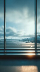 Window view with blue sky and clouds, calm travel and freedom background