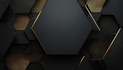 Black and gold geometric abstract background with hexagon pattern, texture and highlights