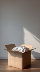 Open cardboard box in empty room with sunlight, moving and unboxing concept