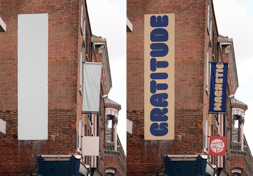 Mockup of Building in Dublin with two advertising spaces: Hanging sign and vertical wallscape.