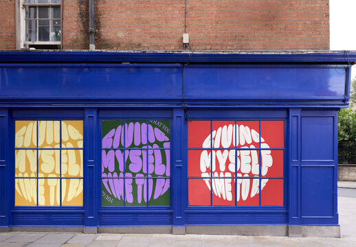 Mockup of Bright Blue Storefront with 3 square windows in Dublin City
