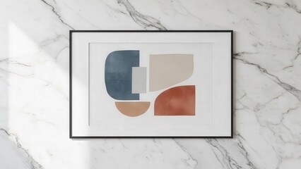 Framed abstract geometric art on marble surface.