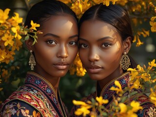 Two women in traditional attire amidst yellow flowers