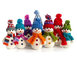 A group of handmade snowmen dolls with colorful scarves and knit hats, isolated on a white backdrop