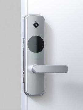 Cerradura digital inteligente con c&aacute;mara en puerta blanca, Manilla de puerta con sistema de seguridad electr&oacute;nica, Mockup para dise&ntilde;o de sistema de seguridad moderno, Imagen para campa&ntilde;a de dom&oacute;tica