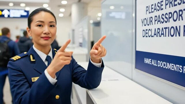 Asian woman border control officer pointing to a passport and declaration form sign, guiding travelers at an airport check-in counter.