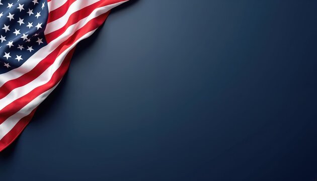 US flag in corner on plain navy background with ample copy space for text. Patriotic design elements offer freedom and independence themes for your message.