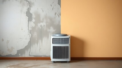 dehumidifier. A split composition of a dry wall and a moldy surface with a dehumidifier in the center. ESG reports, sustainability campaigns, designed for environmental awareness campaigns.