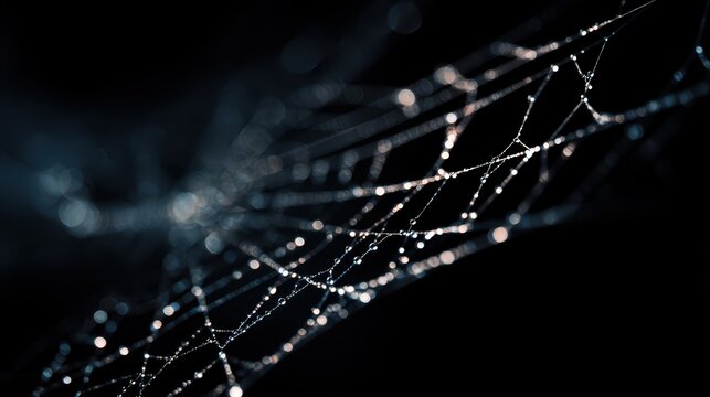 Macro image of a delicate spider web on a black background with a faint light path crossing the silk