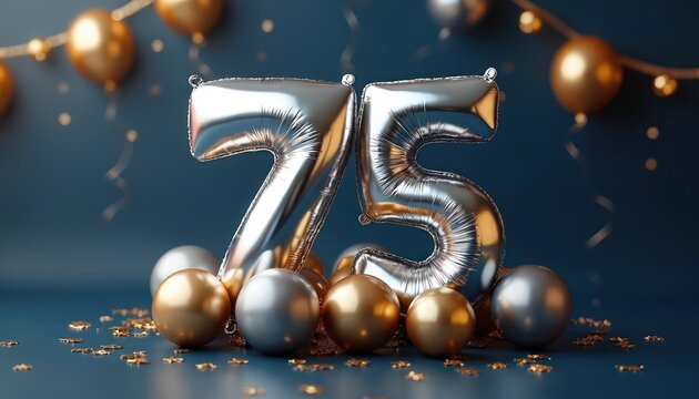 Silver foil balloons shaped like number 75 float above gold and silver spheres scattered with confetti. A celebratory arrangement with copy space for text.