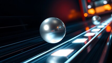 pinball. A silver pinball rolling on a glowing track and impacting a shiny bumper. event key visuals, club posters, designed for sports event promotions and stadium branding.