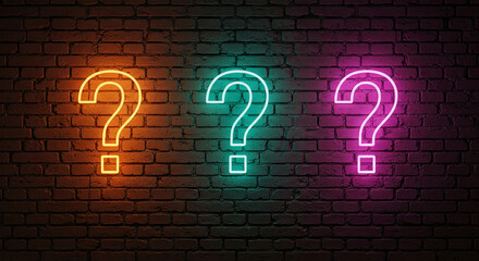 Three neon question marks, orange, teal, and magenta, glow on a brick wall, representing inquiry, uncertainty, and investigation