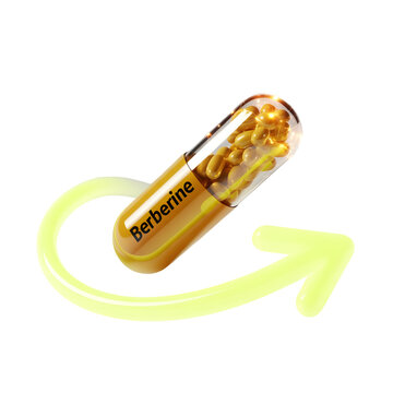 Berberine Supplement Capsule with Golden Pills Inside Isolated on Transparent Background