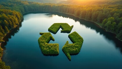 Green recycling symbol formed by islands in a lake, surrounded by rich green forest. Aerial view at sunset with warm golden light reflecting on water. Nature conservation concept.