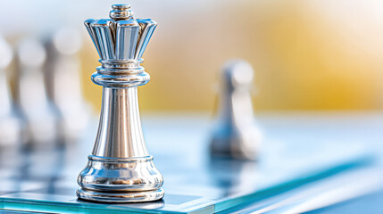High metal chess king level strategy planning focus on shiny silver piece on board with blurred pawn background outdoor light bokeh