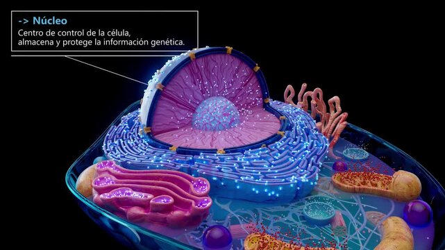 Animaci&oacute;n conceptual 3D de una c&eacute;lula eucariota con org&aacute;nulos etiquetados en espa&ntilde;ol