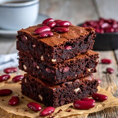 Stack of rich chocolate brownies with kidney beans as a topping and a few scattered nearby