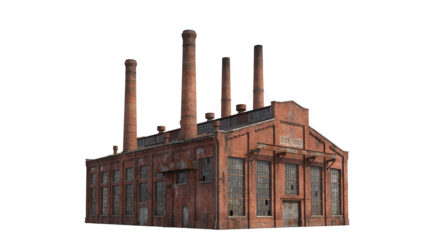 Isolated Exterior of Brick Factory Building with Smokestacks