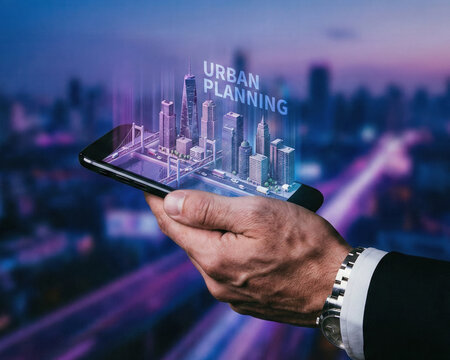 Urban planning city smartphone technology digital hologram business high level planning guides futuristic urban strategy vision - Powered by Adobe