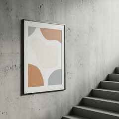 Minimalist Abstract Wall Art Framed Beside Staircase.