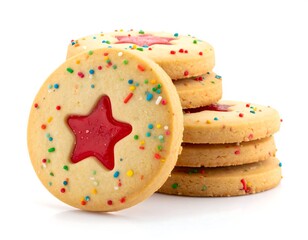Stacked and leaning shortbread cookies, some with red star-shaped jelly centers and colorful sprinkles